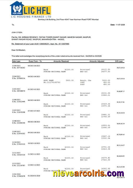 India LIC Housing Finance statement of account Word and PDF